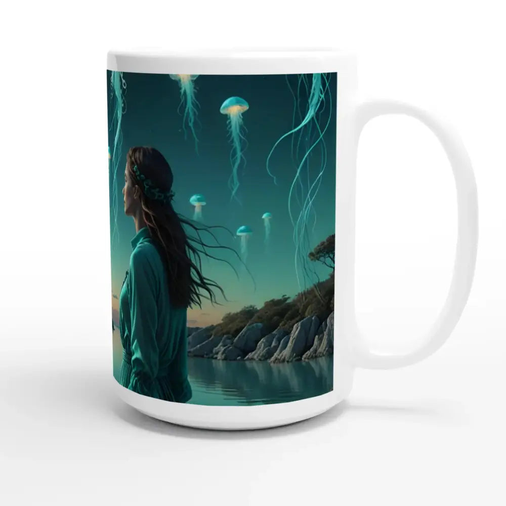 White ceramic mug with turquoise jellyfish scene from PixiOnyx Fantasy Drinkware