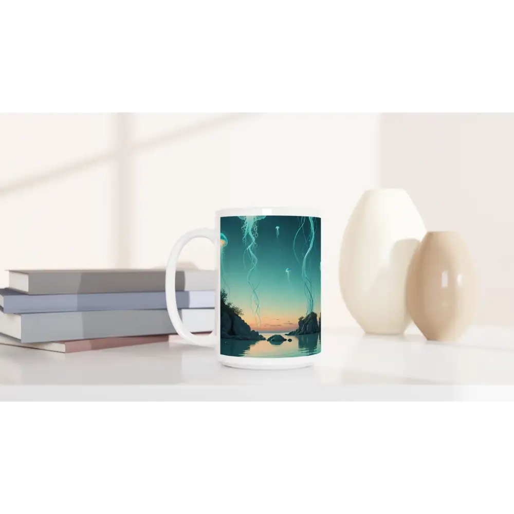 White mug with landscape design from Turquoise Jellyfish Lagoon PixiOnyx Fantasy Drinkware