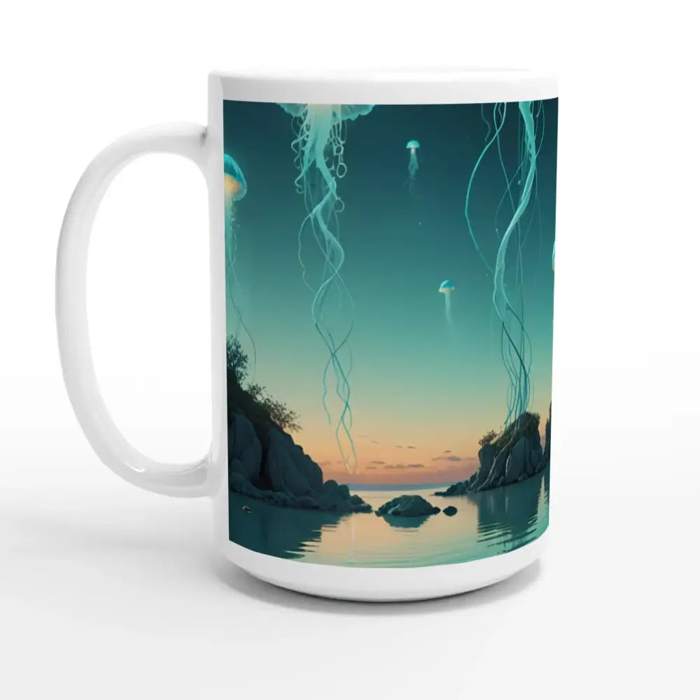 Turquoise Jellyfish Lagoon Mug 15oz with white ceramic and jellyfish design