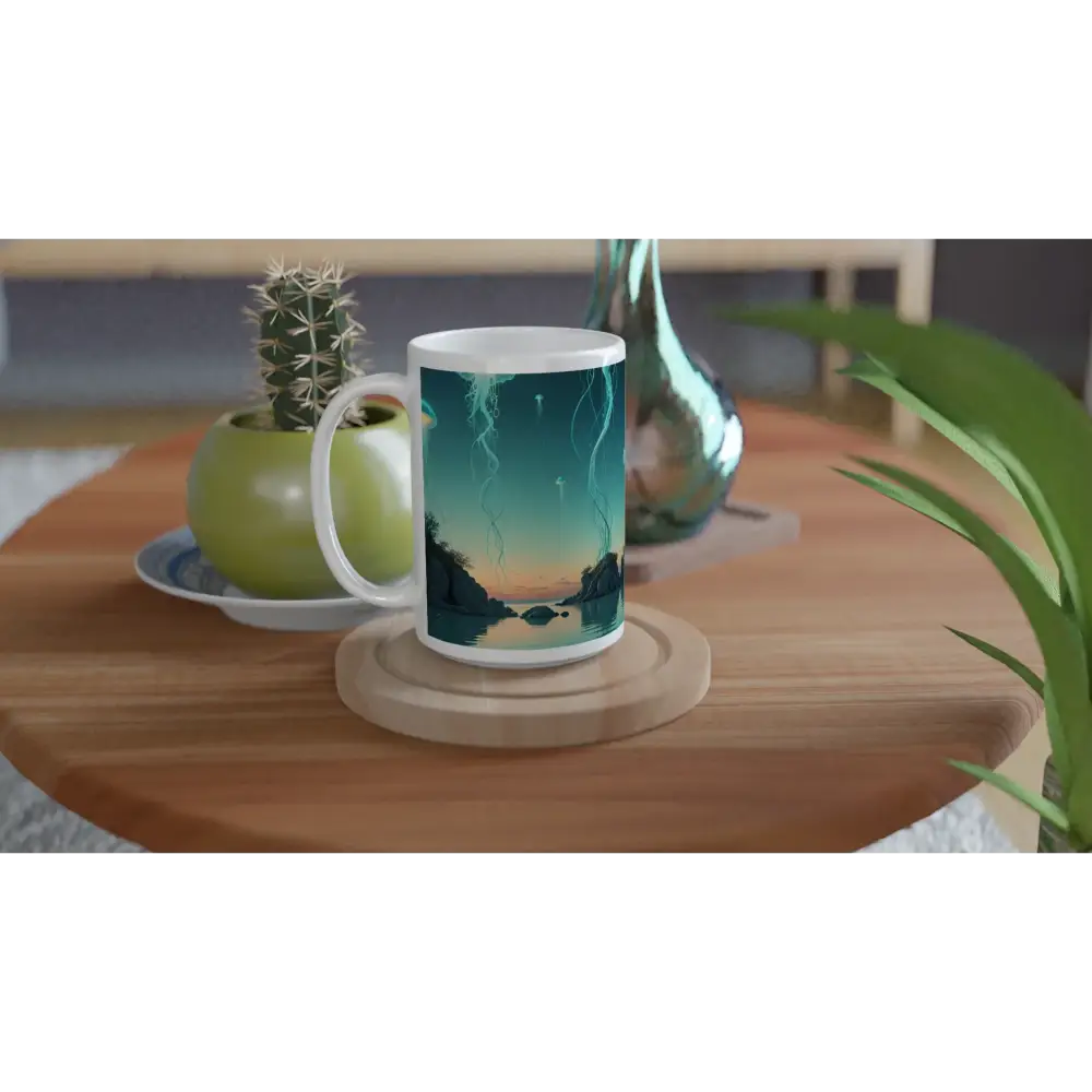 Artistic turquoise mug with scenic jellyfish lagoon design in large 15oz PixiOnyx Drinkware