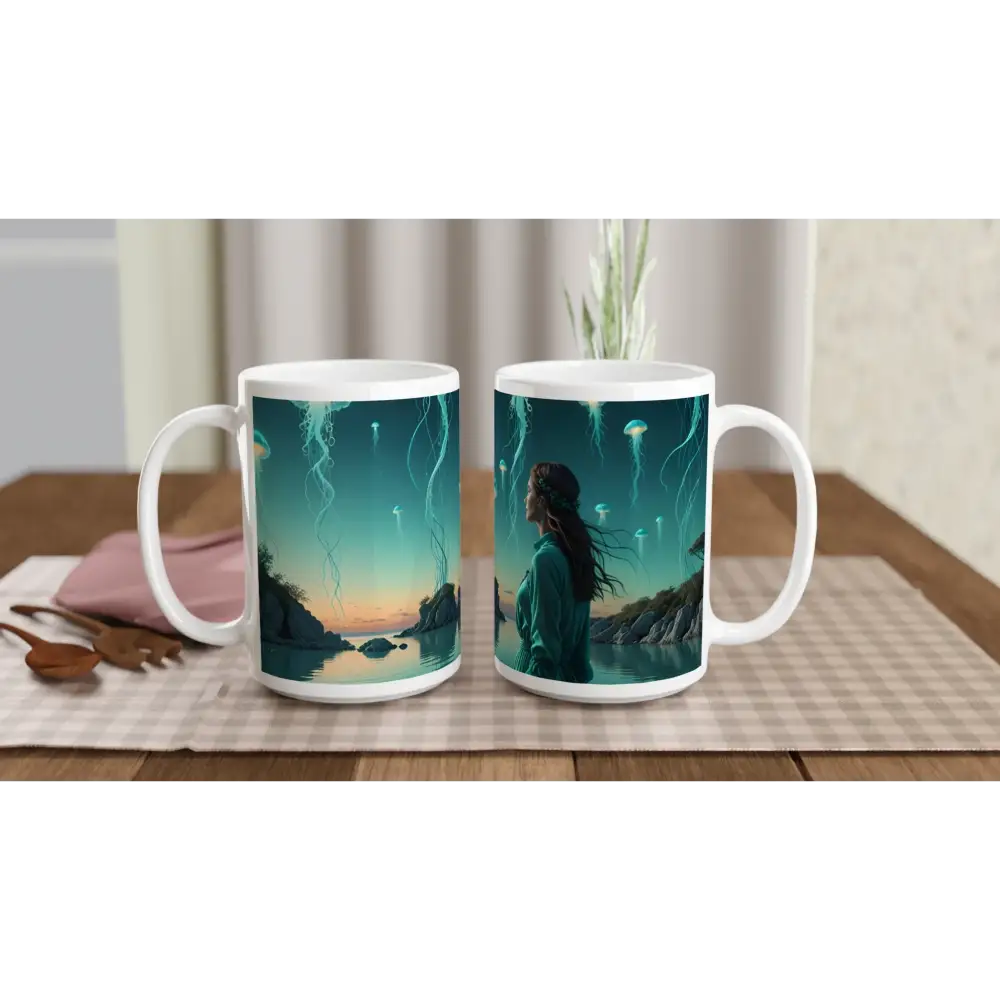 White mugs with colorful jellyfish scene from Turquoise Jellyfish Lagoon Mug by PixiOnyx