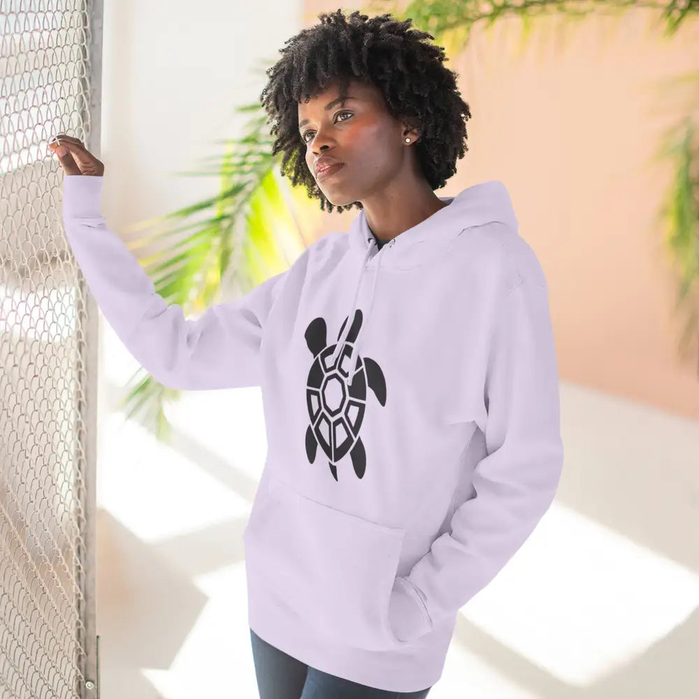 White fleece hoodie with black sea turtle graphic, perfect for casual outings and low heat warmth
