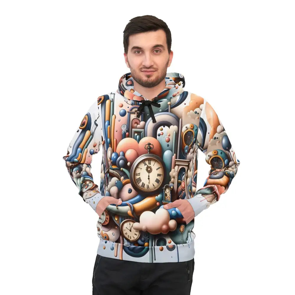 Man wearing a colorful patterned Unisex AOP Hoodie Pastel Mechanica Surreal Art Sweatshirt