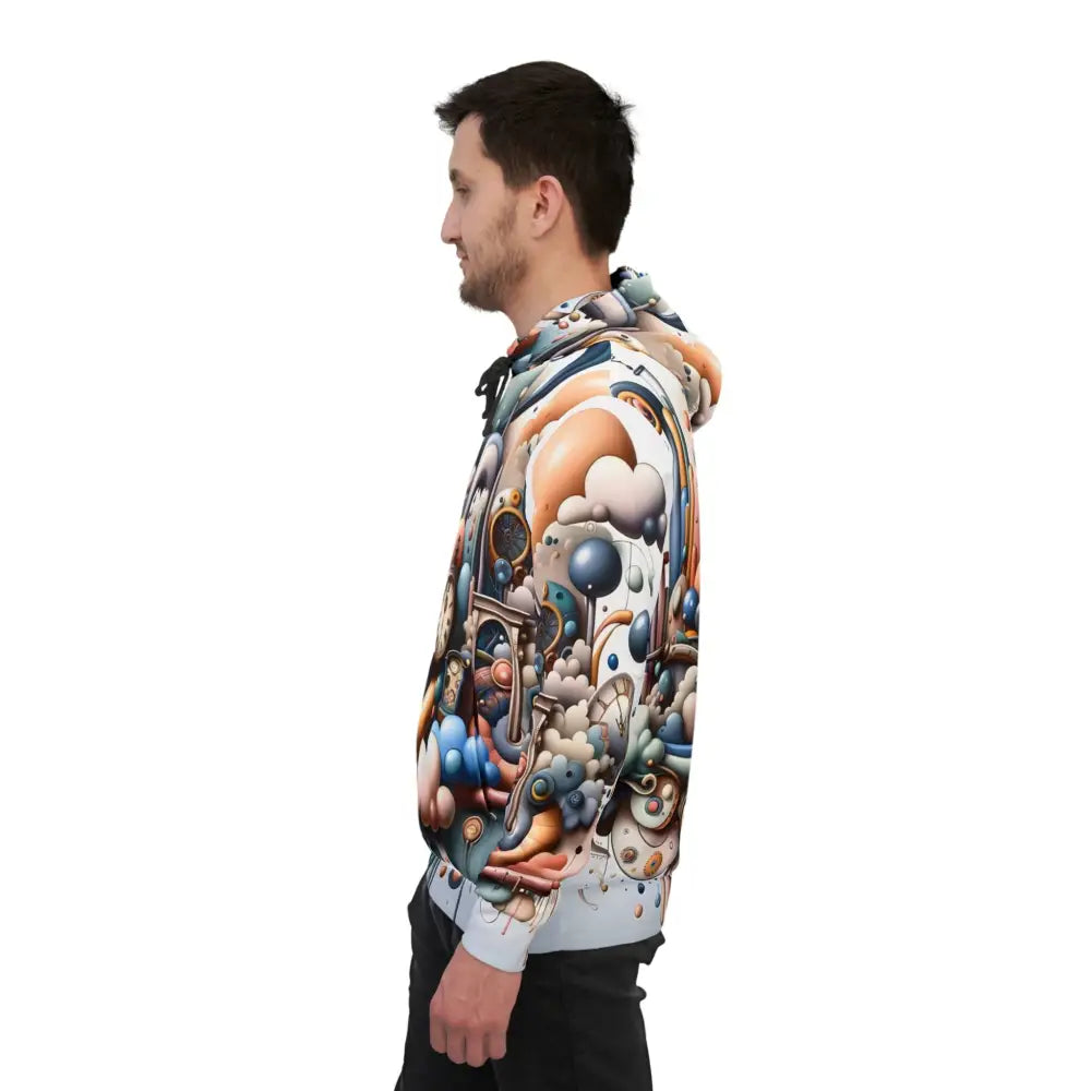Man wearing colorful pastel Mechanica hoodie from PixiOnyx Surreal Art collection