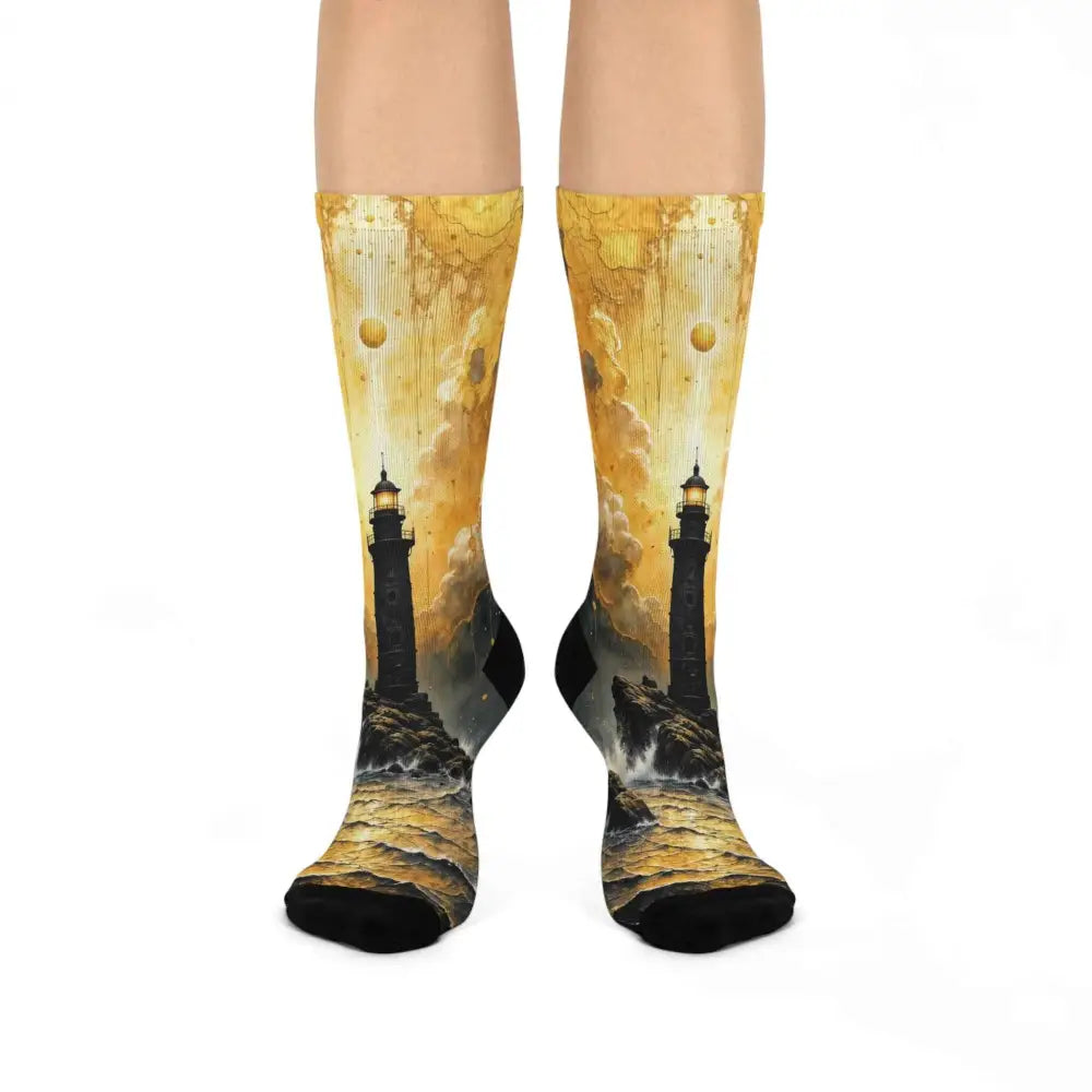 Unisex cushioned crew socks with lighthouse and stormy sea design from PixiOnyx