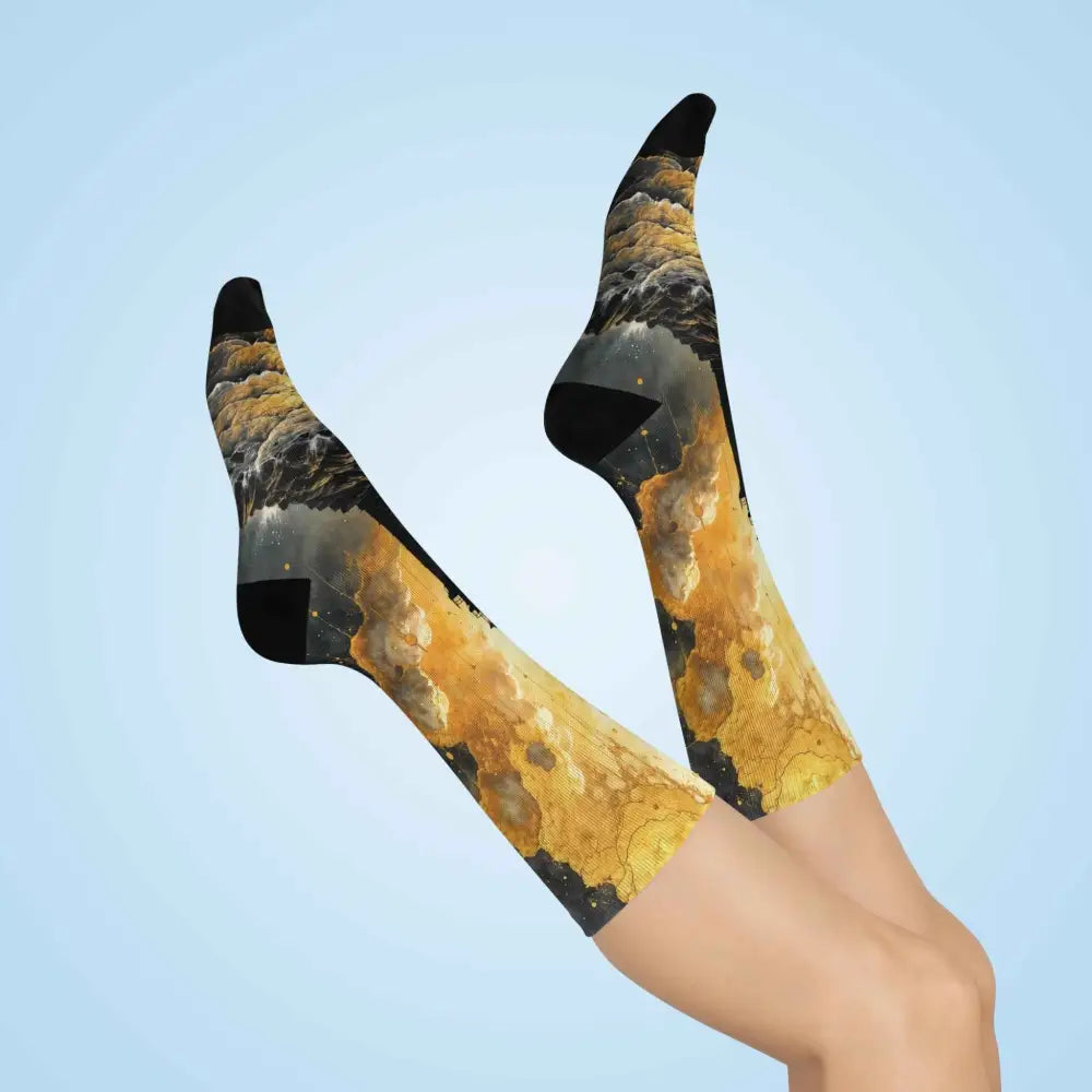 Vibrant yellow and black abstract pattern cushioned crew socks from PixiOnyx