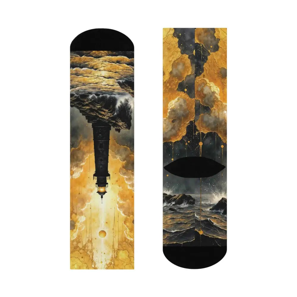 Unisex cushioned crew socks with abstract lighthouse and stormy sea design by PixiOnyx