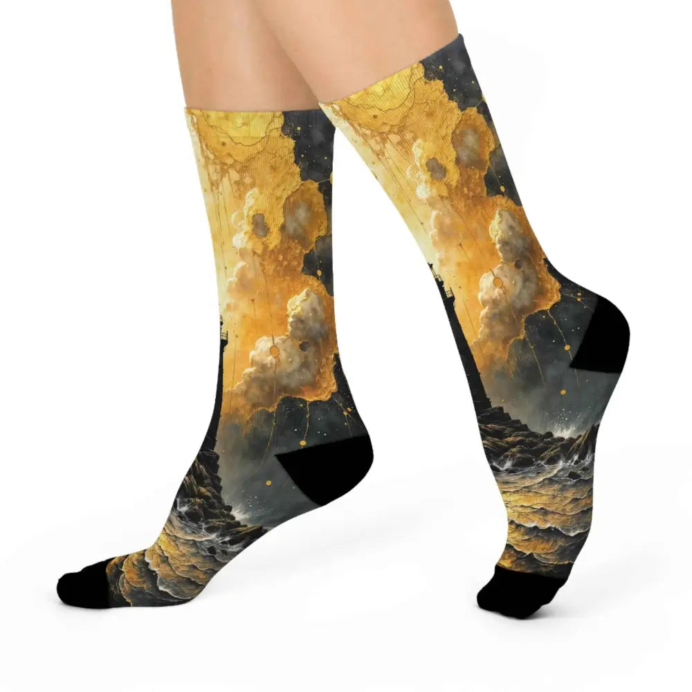 Unisex cushioned crew socks with golden cloud and dark ocean pattern from PixiOnyx
