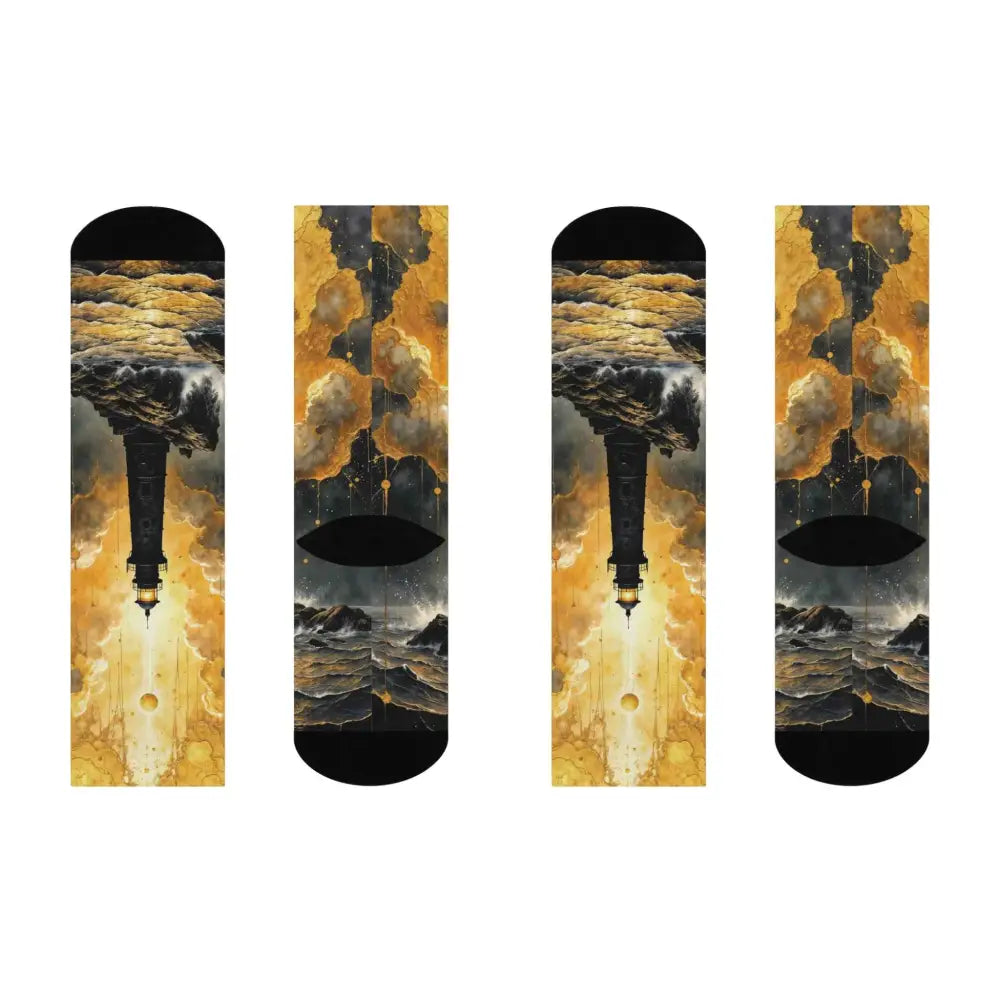 Unisex cushioned crew socks with celestial and stormy lighthouse design from PixiOnyx