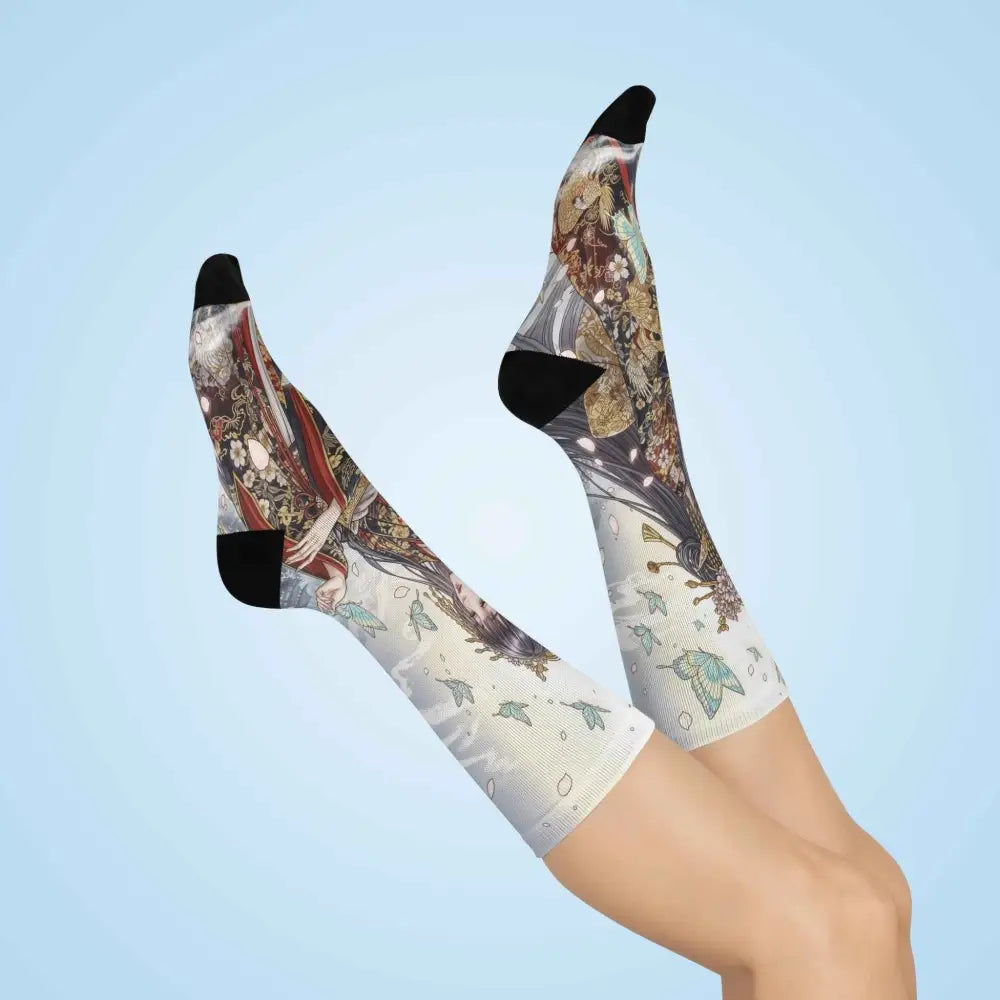 Ethereal Kimono Maiden cushioned crew socks with colorful floral and flying leaf design