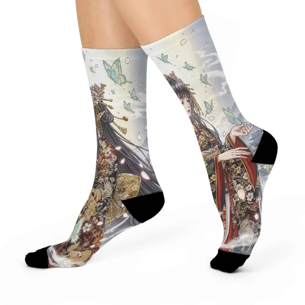 Ethereal Kimono Maiden cushioned crew socks with anime-style woman and butterflies