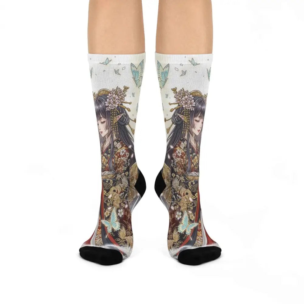 Ethereal Kimono Maiden cushioned crew socks with anime-style female figure and butterflies