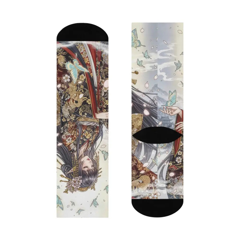 Ethereal Kimono Maiden cushioned crew socks with anime-style woman and butterflies design