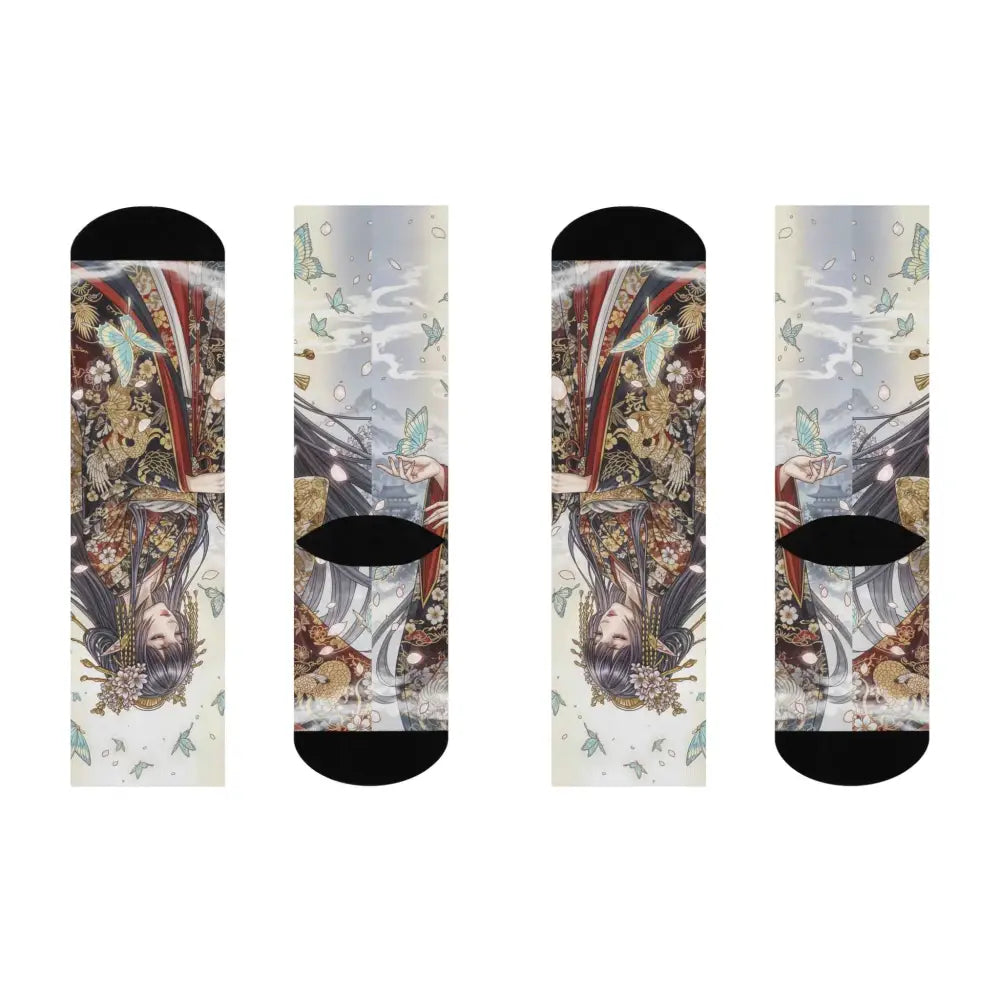 Unisex cushioned crew socks featuring ethereal kimono maiden and butterfly design