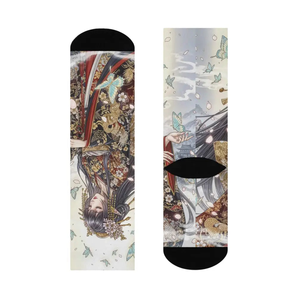 Unisex cushioned crew socks featuring ethereal kimono maiden with butterflies design
