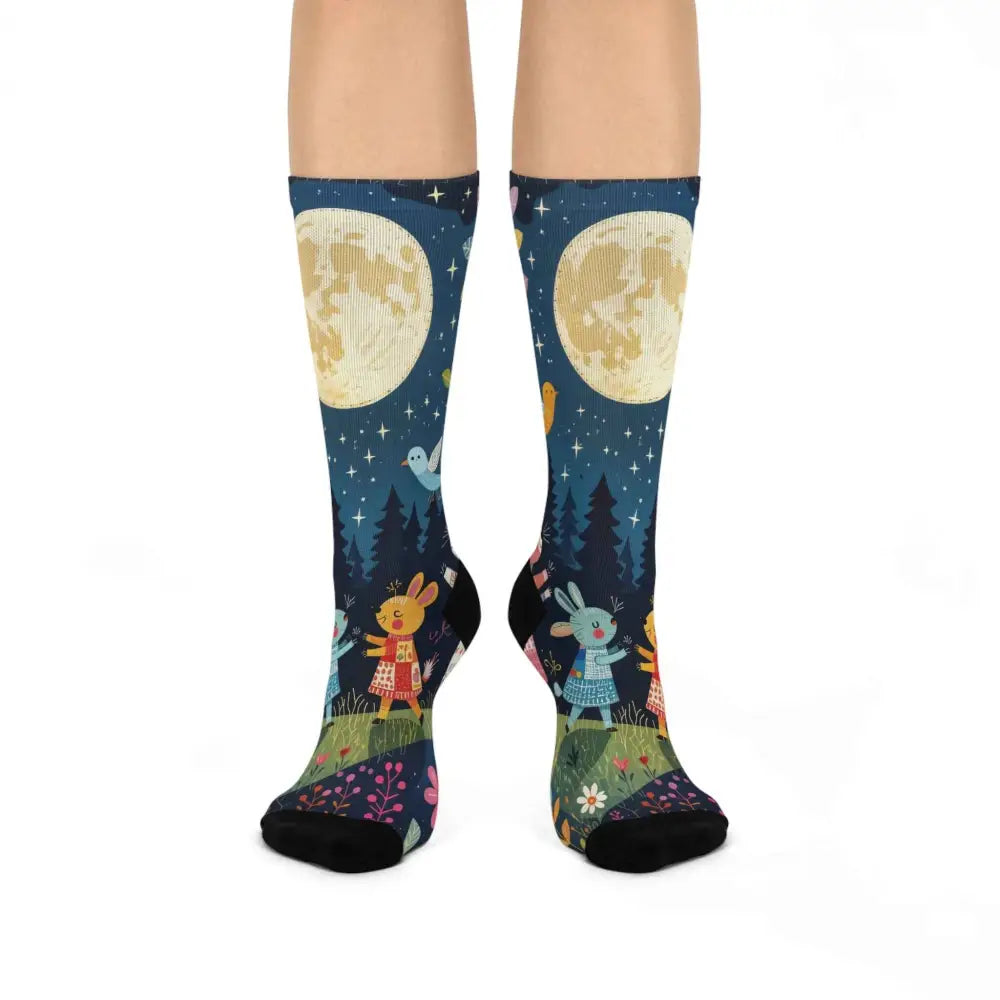 Unisex folk art forest knee-high socks with moon, stars, trees, and cartoon rabbits