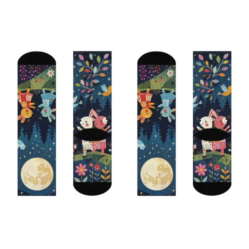 Whimsical folk art forest creature crew socks with moon, bunnies, and woodland design