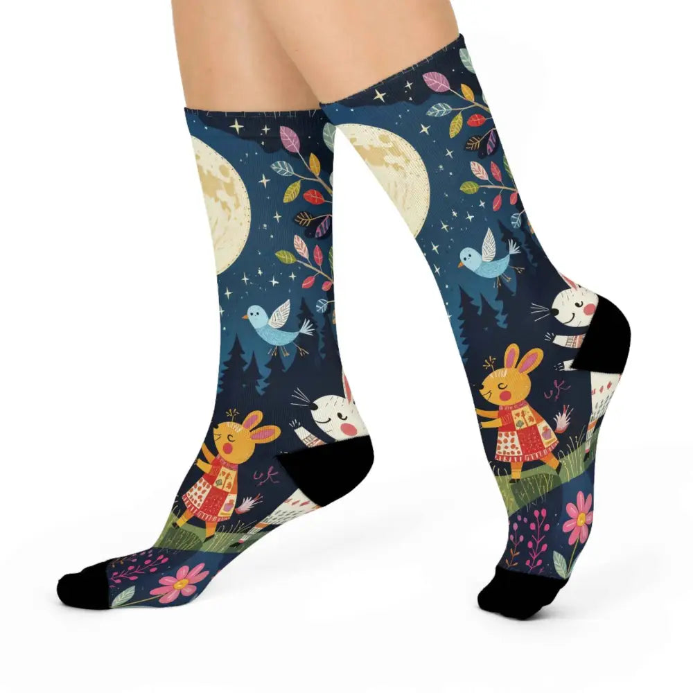Unisex cushioned crew socks with folk art forest night scene featuring rabbits and stars