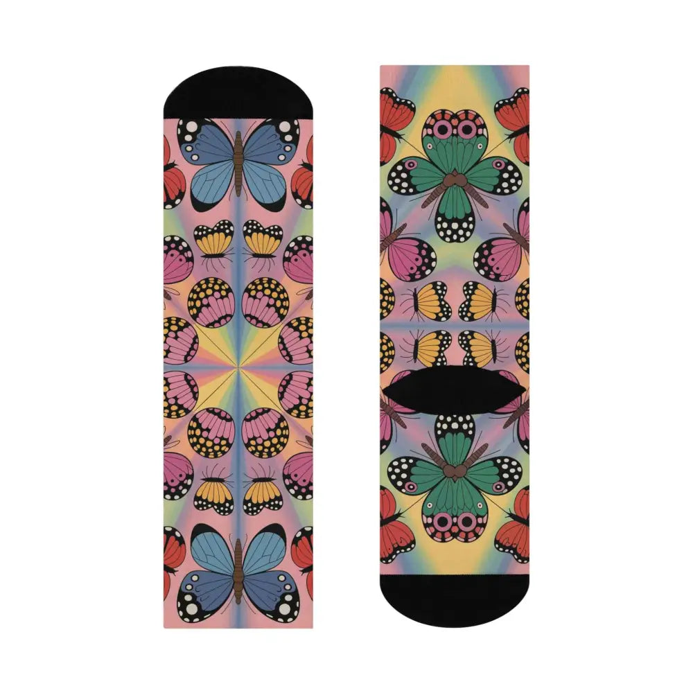 Pair of butterfly-patterned crew socks from PixoNyx Vibrant Footwear Kaleidoscope Flight collection