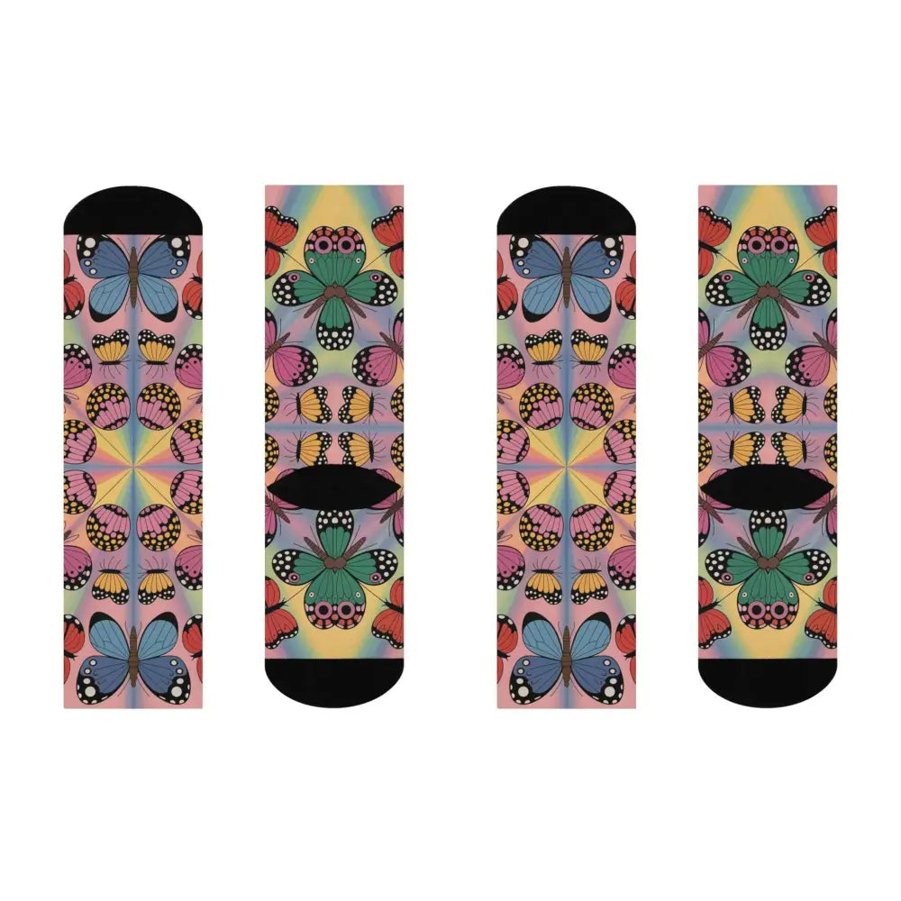 Colorful kaleidoscope flight cushioned crew socks with butterfly and rainbow patterns