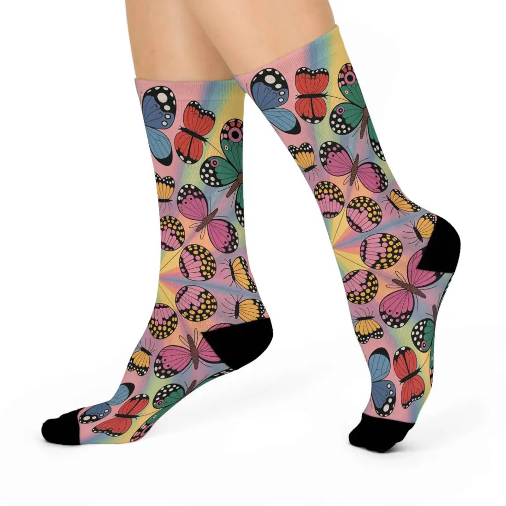 Colorful butterfly-patterned cushioned crew socks with rainbow-gradient background, Kaleidoscope Flight