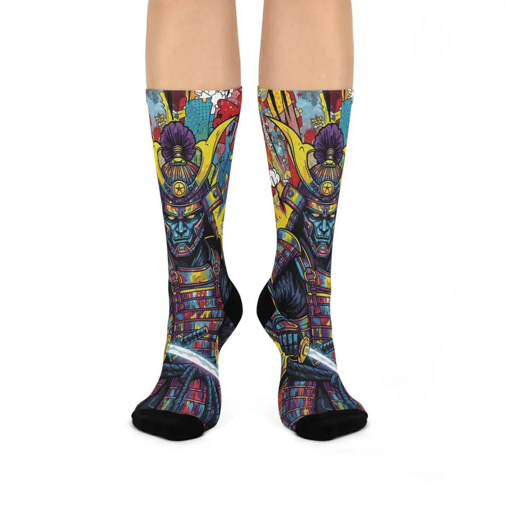 Unisex cushioned crew socks with colorful samurai splash design from PixiOnyx Streetwear