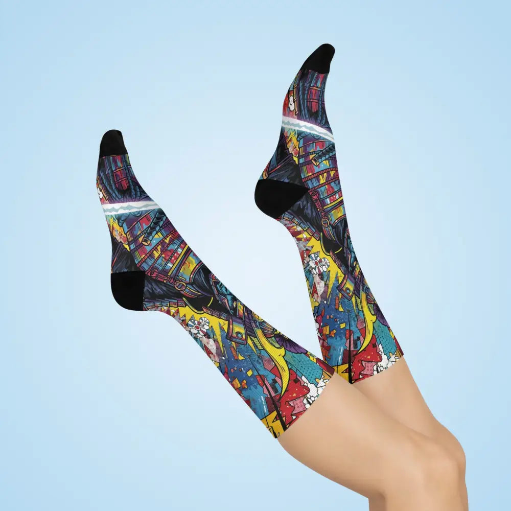 Colorful abstract-patterned cushioned crew socks featuring Samurai Splash design by PixiOnyx