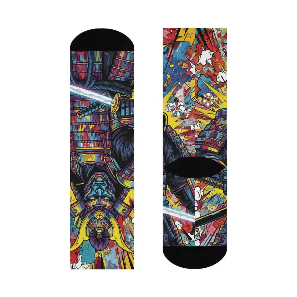Colorful cushioned crew socks featuring a Samurai Splash warrior design from PixiOnyx Streetwear