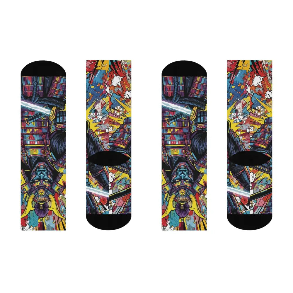 Colorful samurai splash design on four pairs of cushioned crew socks by PixiOnyx Streetwear