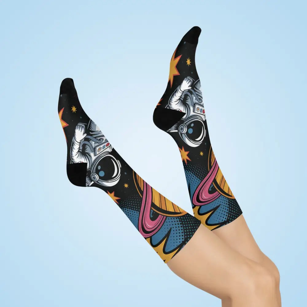 Unisex cushioned crew socks with Saturn Balloon and space-themed astronaut pattern