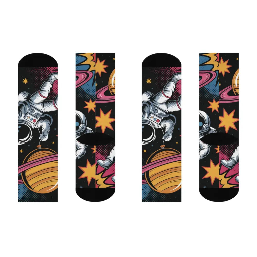 Colorful space-themed cushioned crew socks featuring Saturn Balloon design for astronaut streetwear