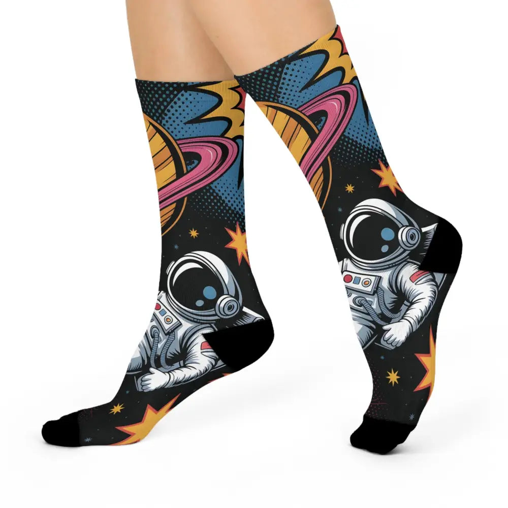 Unisex cushioned crew socks featuring Saturn Balloon outer space design with astronauts and stars