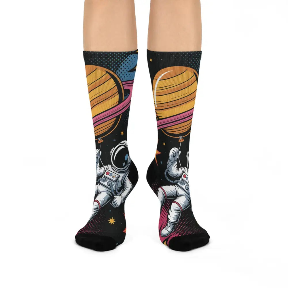 Cushioned crew socks featuring an astronaut and Saturn Balloon design from PixiOnyx