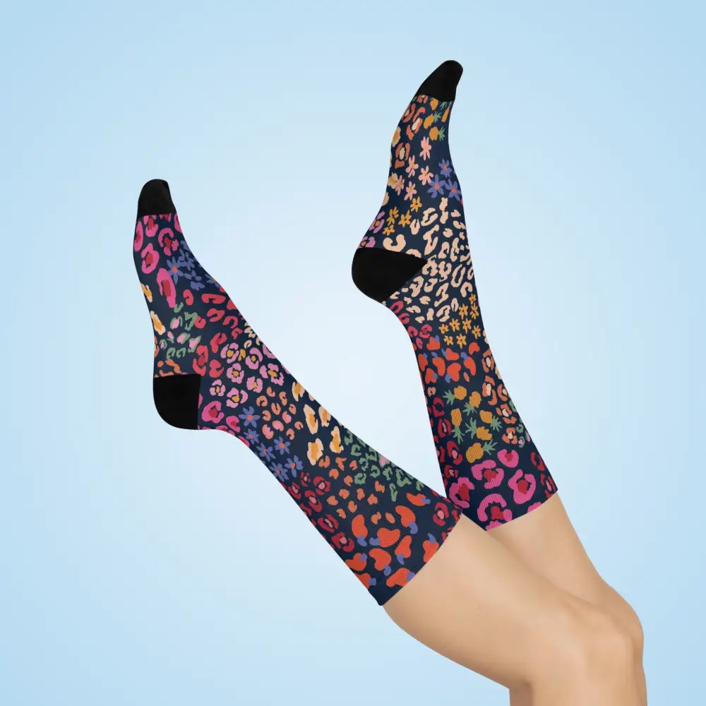 Colorful leopard print cushioned crew socks with vibrant pebble pattern from PixiOnyx