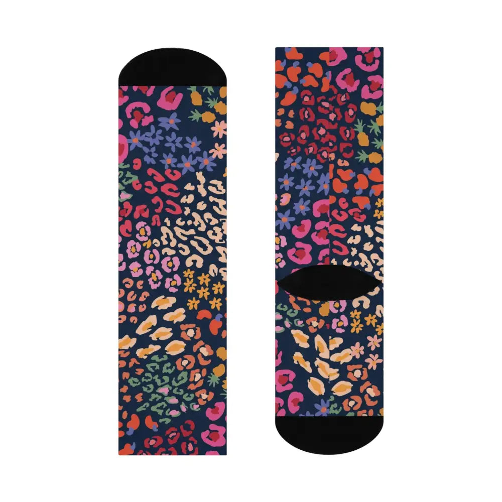 Unisex cushioned crew socks with vibrant pebble pattern featuring colorful leopard and floral design