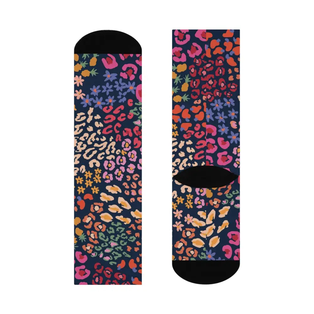 Colorful leopard print and floral pattern cushioned crew socks with vibrant pebble design