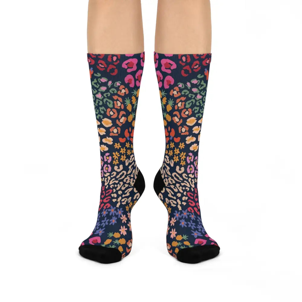 Unisex cushioned crew socks with vibrant pebble pattern featuring colorful animal and floral designs