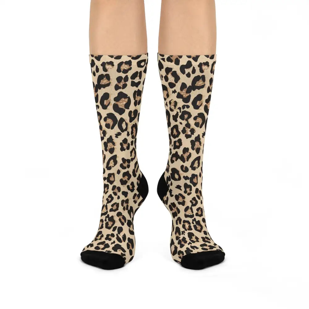 Unisex cushioned crew socks with wild leopard print, black toes and heels