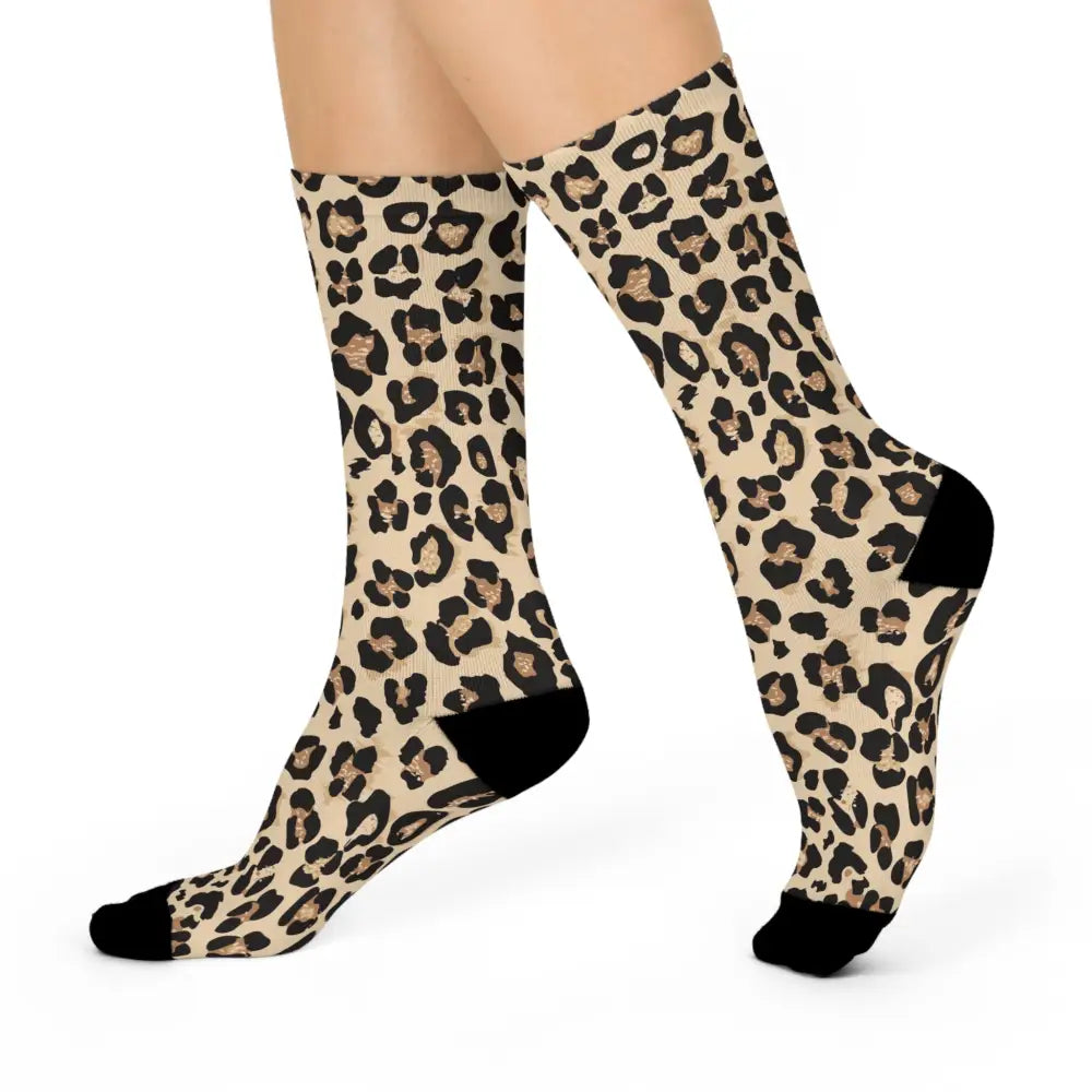 Unisex cushioned crew socks with wild leopard print and black toes and heels