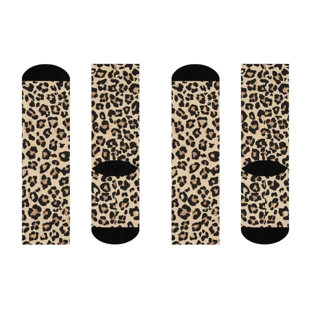 Four wild leopard print cushioned crew socks displayed in PixiOnyx footwear