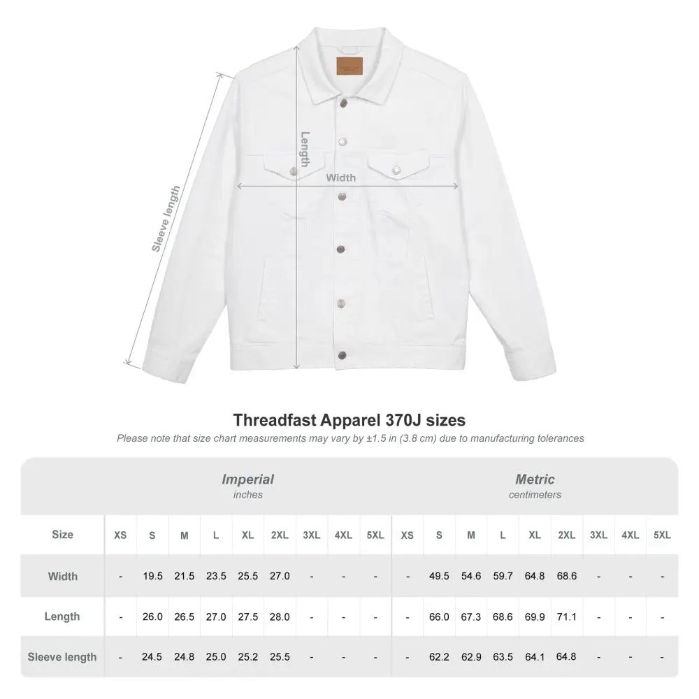 White denim jacket with size chart for Unisex Denim Jacket Flaming Pumpkin PixiOnyx Outerwear