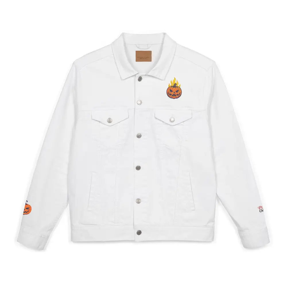 White denim jacket with Halloween-themed embroidery, perfect for a gentle cycle and low heat care