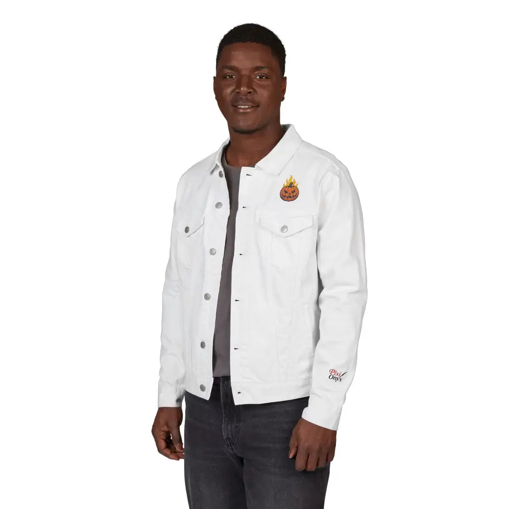 Men’s white denim jacket with pumpkin and flame patch, perfect for Halloween fashion