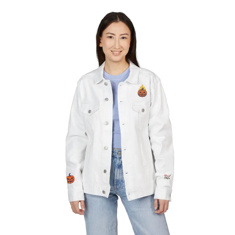 White denim jacket with pumpkin and flame embroidery for Halloween style on PixiOnyx Outerwear