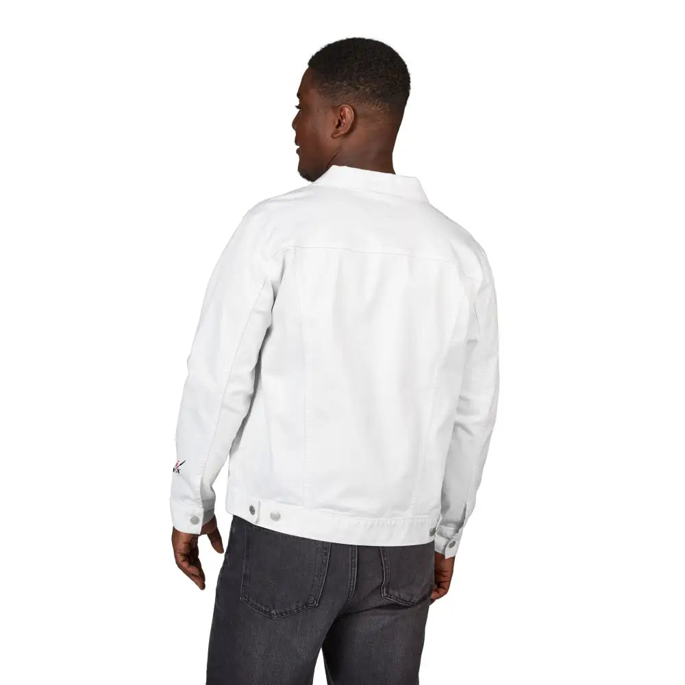 Men’s white denim jacket and dark jeans from PixiOnyx Outerwear Halloween statement