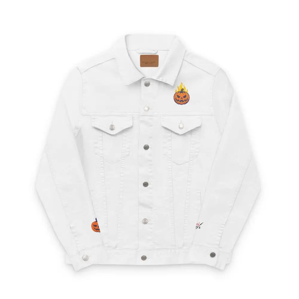 White denim jacket with flaming pumpkin patch, perfect for Halloween, gentle cycle safe