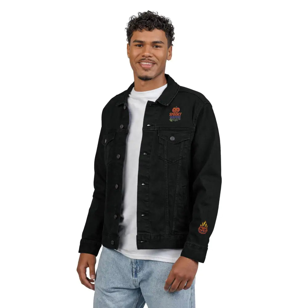 Men’s black denim jacket with embroidered designs for spooky season, machine washable