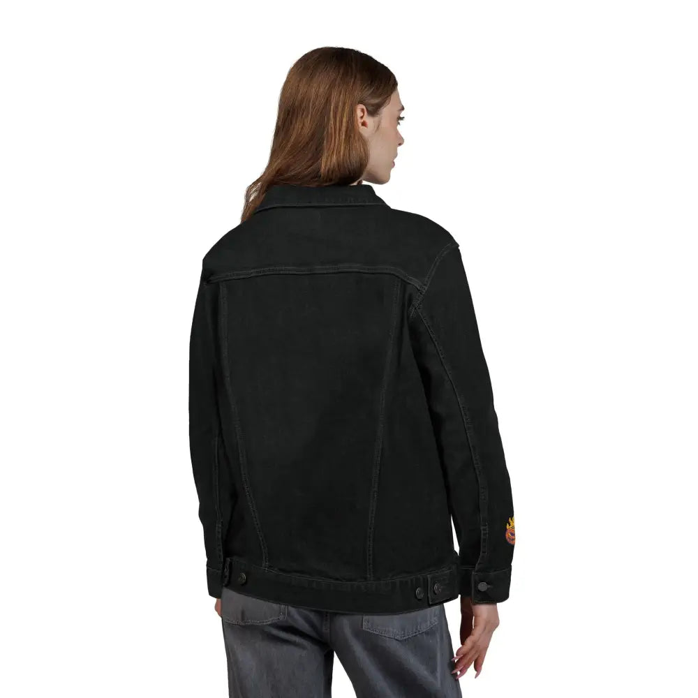 Women’s black denim jacket with embroidered patch for spooky season, machine washable