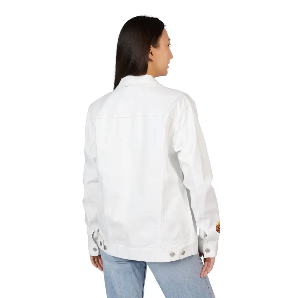 Woman’s white denim jacket with light blue jeans from PixiOnyx spooky season streetwear