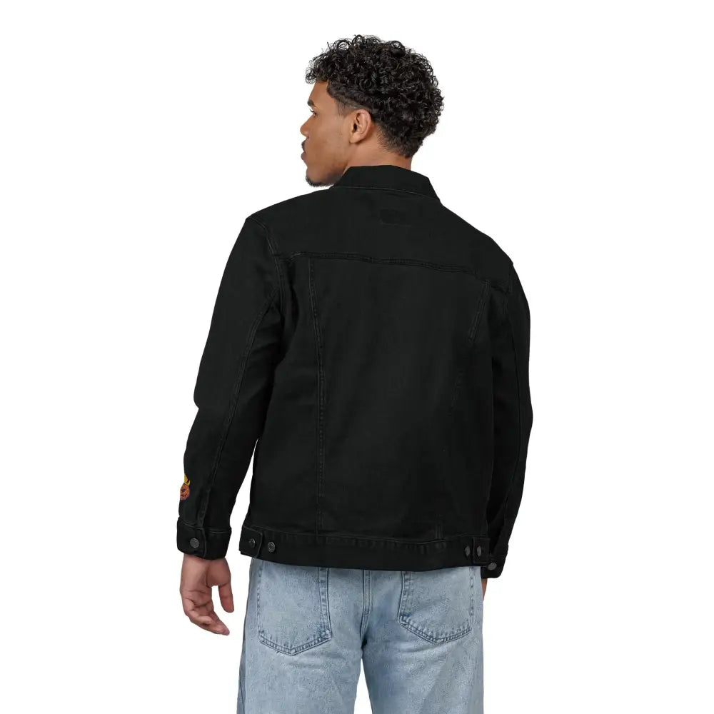 Men’s black denim jacket with light blue jeans for spooky season streetwear, machine washable